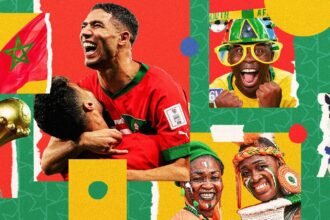 AFCON 2025 stadium scene in Morocco featuring players, fans, and tournament branding, or a collage showing Morocco, Nigeria, and emerging teams.