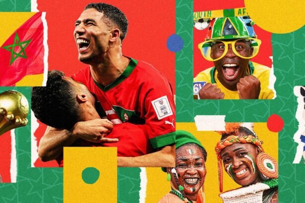 AFCON 2025 stadium scene in Morocco featuring players, fans, and tournament branding, or a collage showing Morocco, Nigeria, and emerging teams.