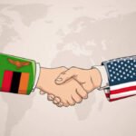 Illustration of a handshake between Zambia and the United States symbolising bilateral cooperation and investment in Zambia’s health sector