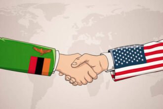 Illustration of a handshake between Zambia and the United States symbolising bilateral cooperation and investment in Zambia’s health sector