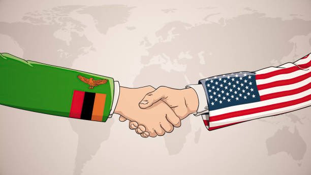Illustration of a handshake between Zambia and the United States symbolising bilateral cooperation and investment in Zambia’s health sector
