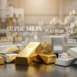 Gold, silver and platinum bars reflecting a surge in precious metal prices to record highs