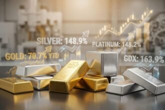 Gold, silver and platinum bars reflecting a surge in precious metal prices to record highs