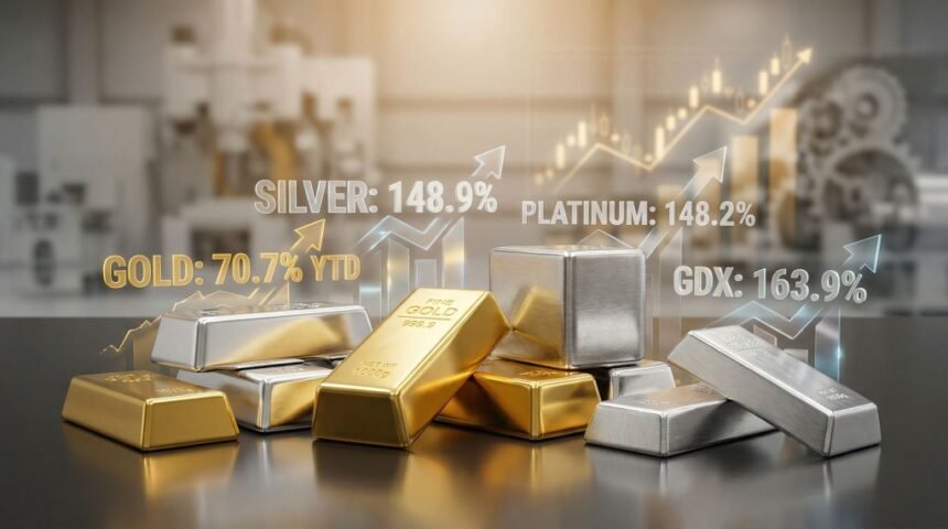 Gold, silver and platinum bars reflecting a surge in precious metal prices to record highs