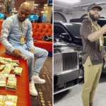 Floyd Mayweather Jr. posing with stacks of cash and luxury cars amid a legal dispute with Nigerian media firm Zinni Media over an unpaid appearance contract.
