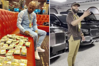 Floyd Mayweather Jr. posing with stacks of cash and luxury cars amid a legal dispute with Nigerian media firm Zinni Media over an unpaid appearance contract.