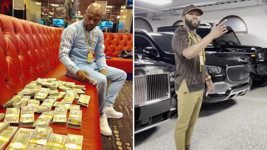 Floyd Mayweather Jr. posing with stacks of cash and luxury cars amid a legal dispute with Nigerian media firm Zinni Media over an unpaid appearance contract.