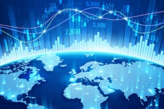 Global financial market screens showing stock prices and trading activity as investors assess geopolitical and economic risks