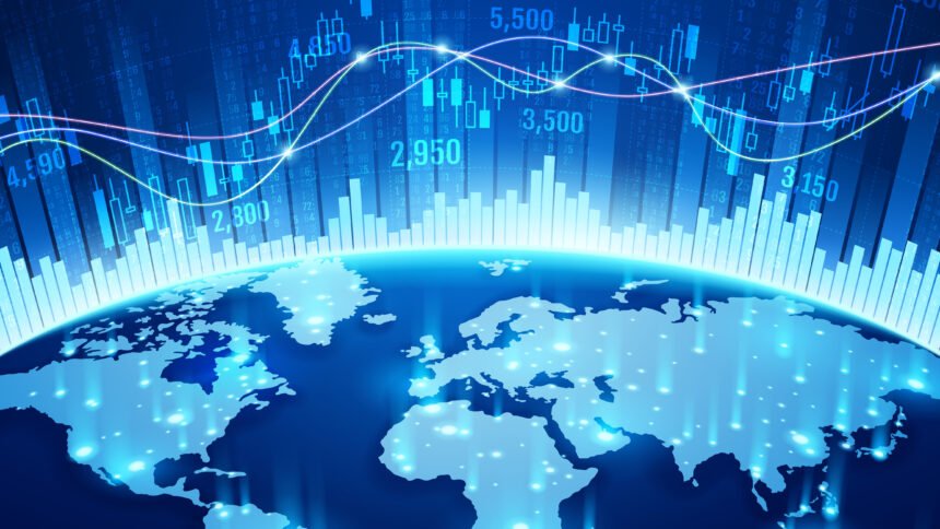 Global financial market screens showing stock prices and trading activity as investors assess geopolitical and economic risks