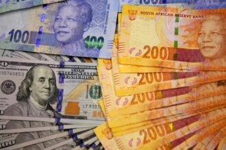 South African rand notes with stock market chart showing currency fluctuation