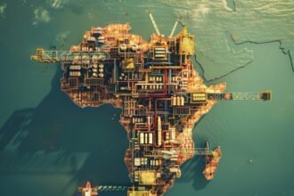 Illustration of Africa shaped by energy and industrial infrastructure highlighting renewable and power investment