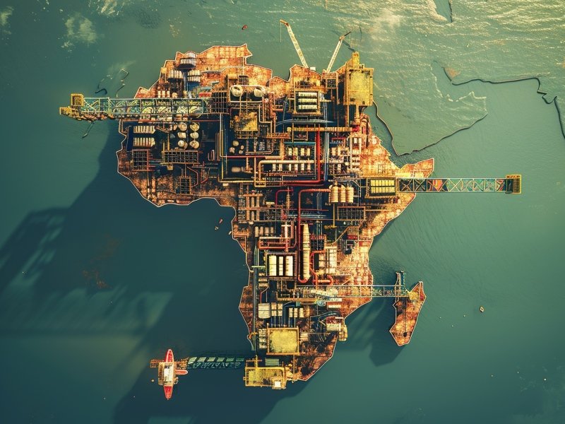 Illustration of Africa shaped by energy and industrial infrastructure highlighting renewable and power investment